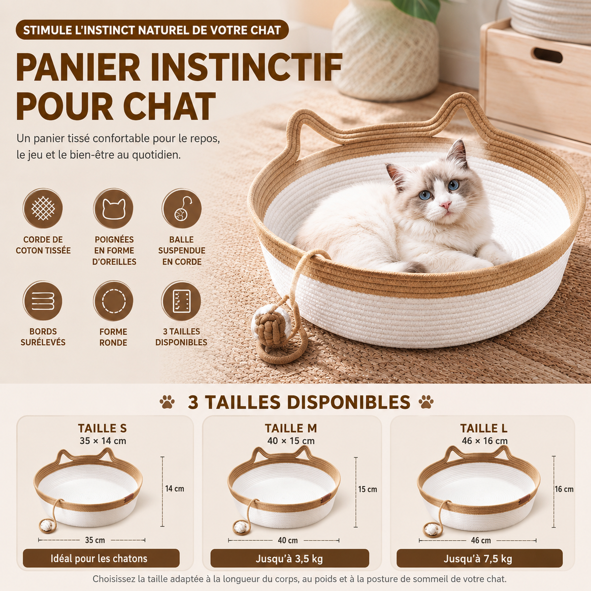 Léchouille & CO – Corbeille tressée pour chat – Panier en corde de coton avec oreilles