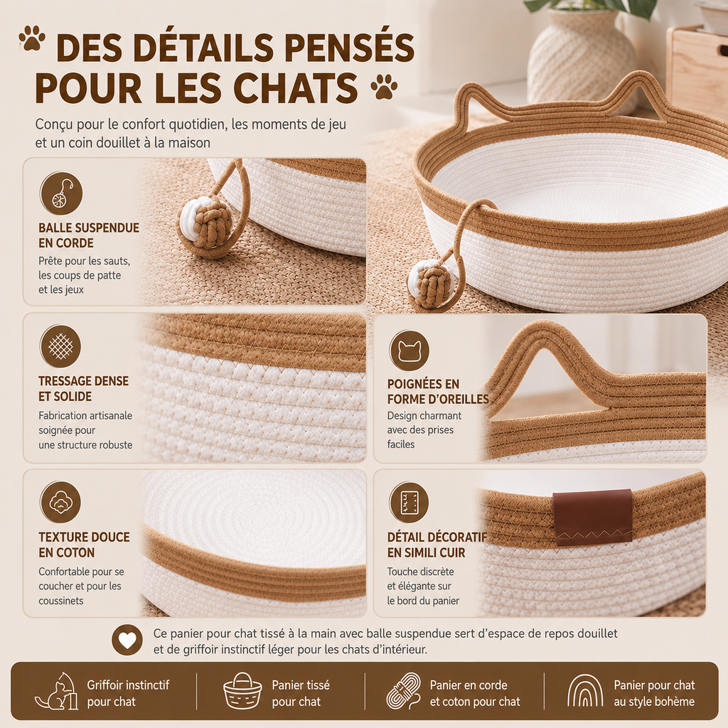 Léchouille & CO – Corbeille tressée pour chat – Panier en corde de coton avec oreilles