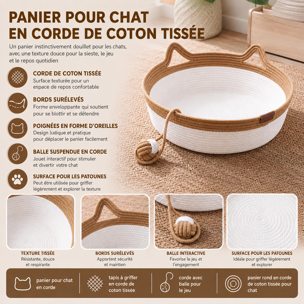 Léchouille & CO – Corbeille tressée pour chat – Panier en corde de coton avec oreilles