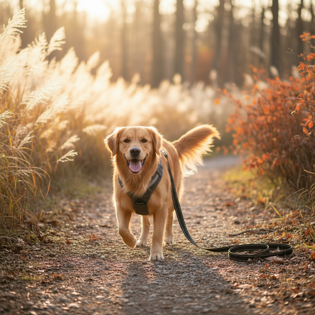 Chien avec harnais et longe sans personne