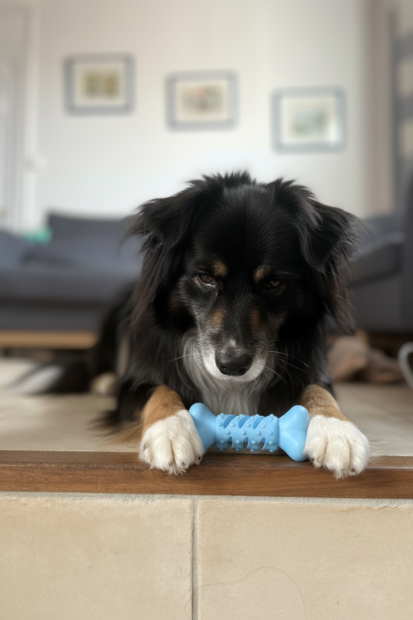 Chien avec os bleu