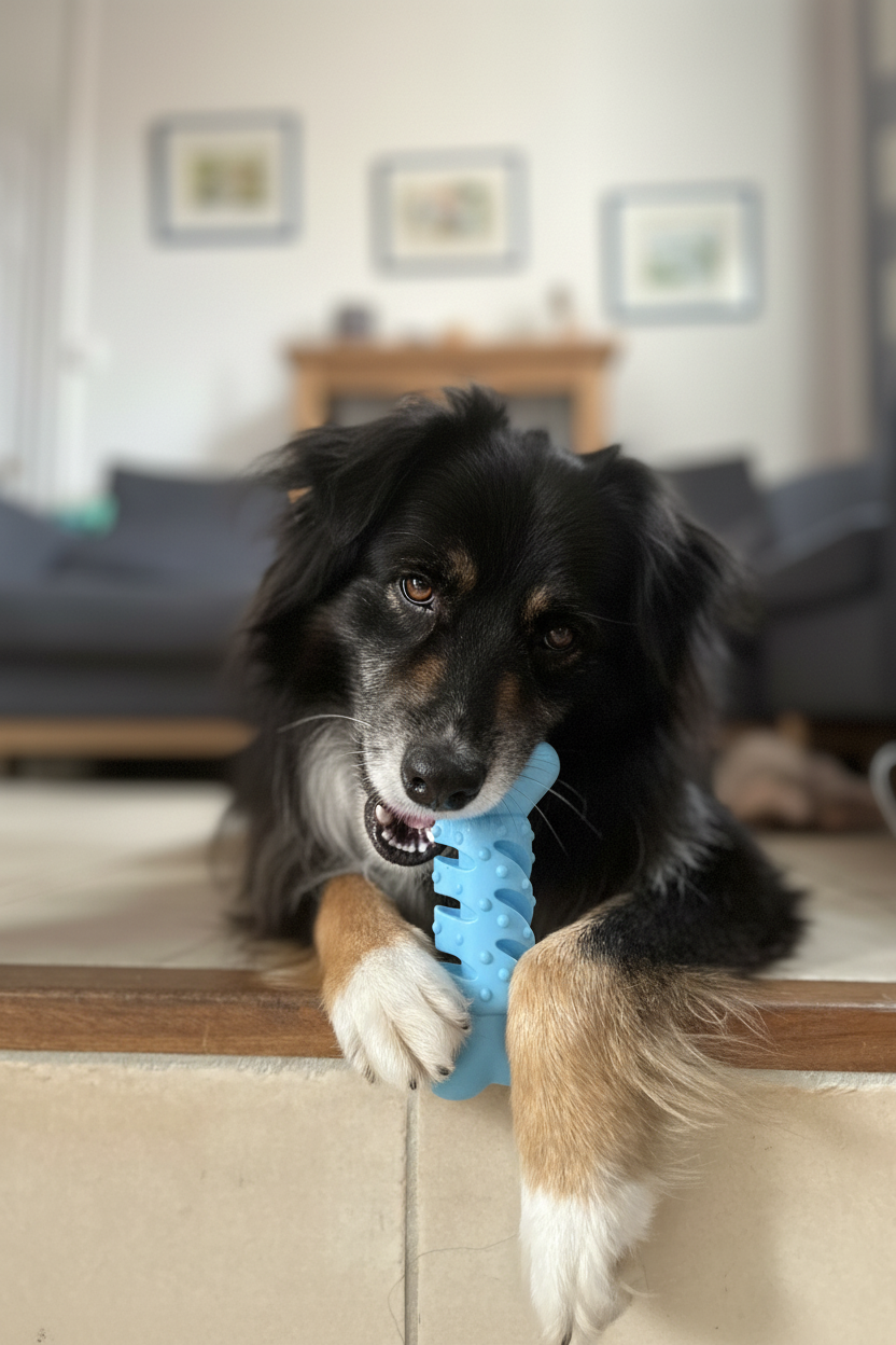 Chien avec os dans la gueule