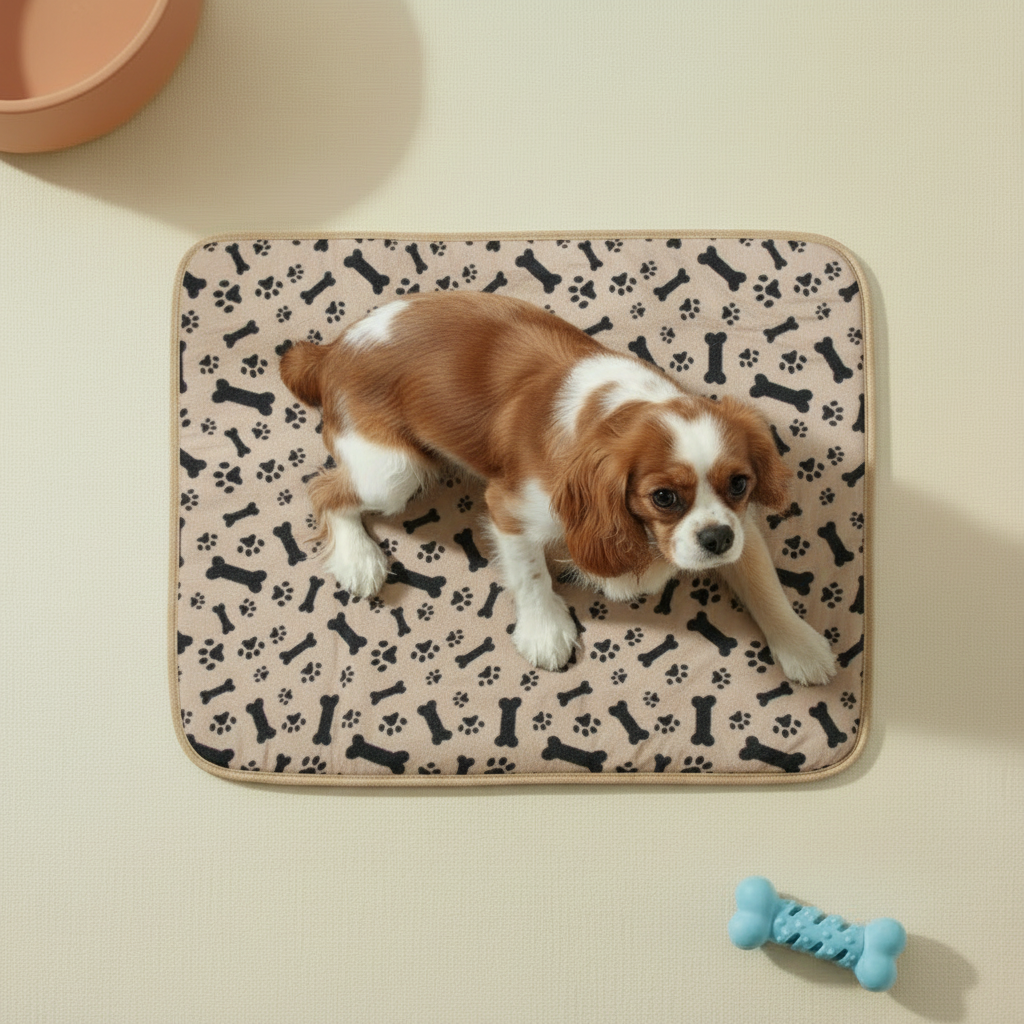 Chien couché tapis beige os
