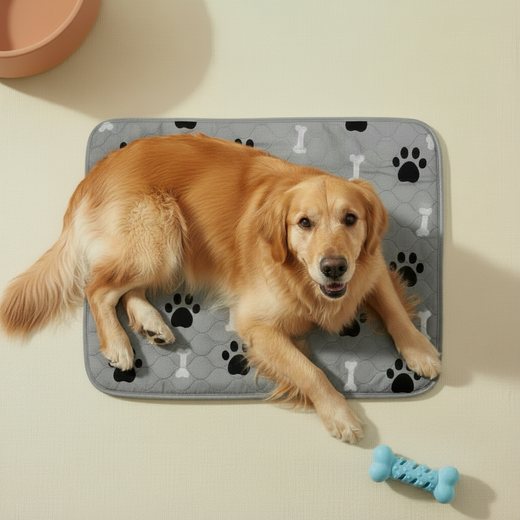 Chien couché tapis gris os