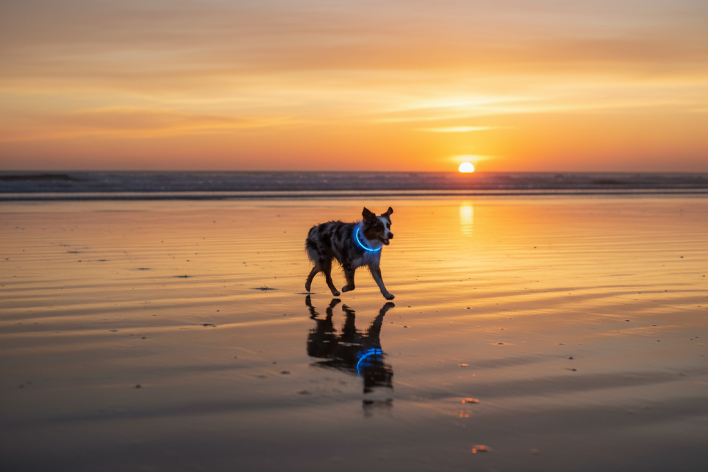 Chien plage coucher de soleil collier lumineux