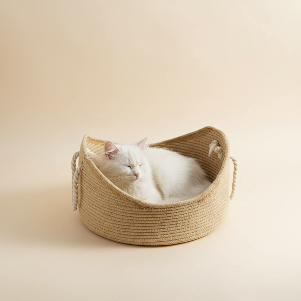 Corbeille chat blanc fond crème