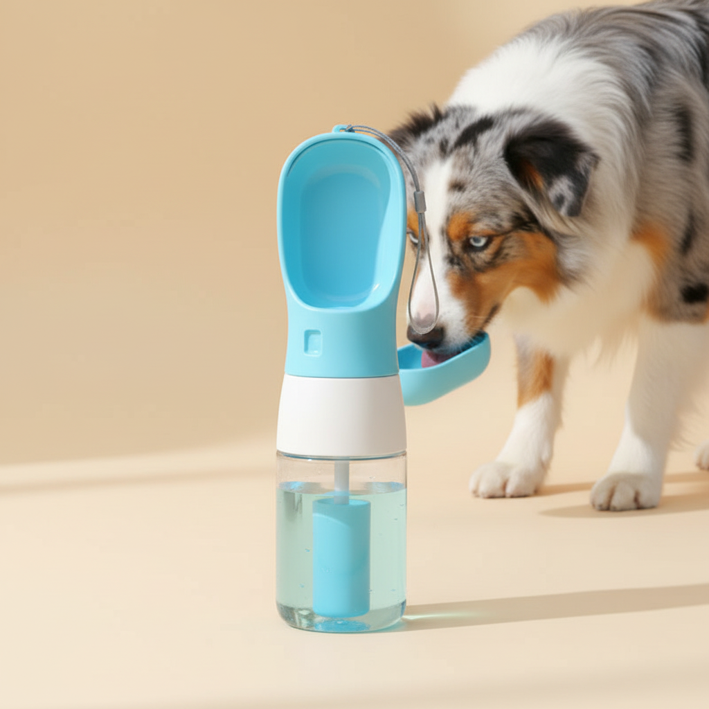 Gourde nomade 3 en 1 pour chien et chat sur fond beige