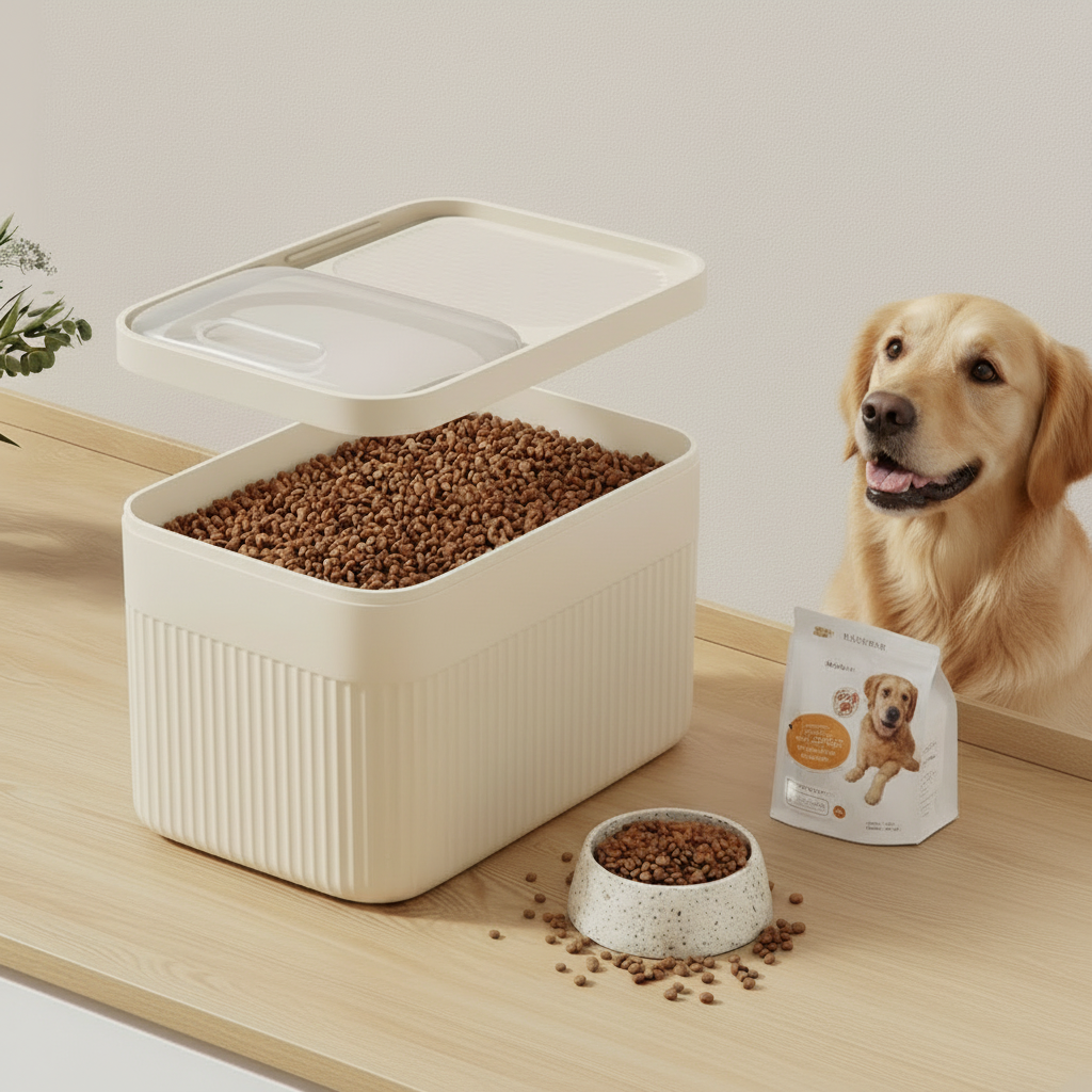 Conteneur hermétique pour croquettes avec golden retriever sur fond beige