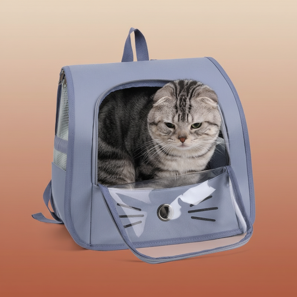 Sac bleu avec chat – fond terracotta